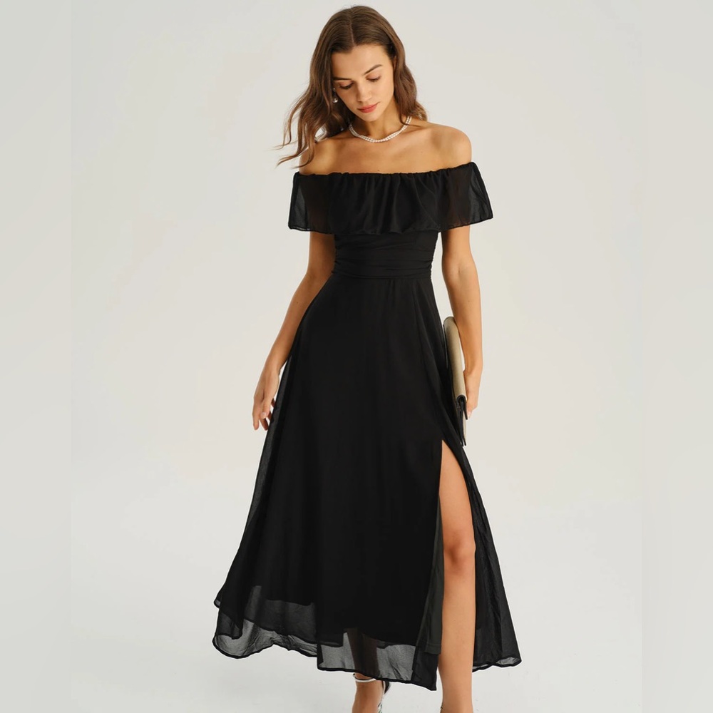 Black Off The Shoulder A-Line Maxi Dress